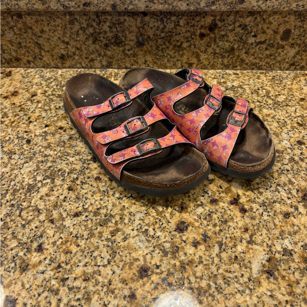 Birkenstock Papillio Florida Sandals Pink Peach Floral Size 38 US 7-7.5 Play